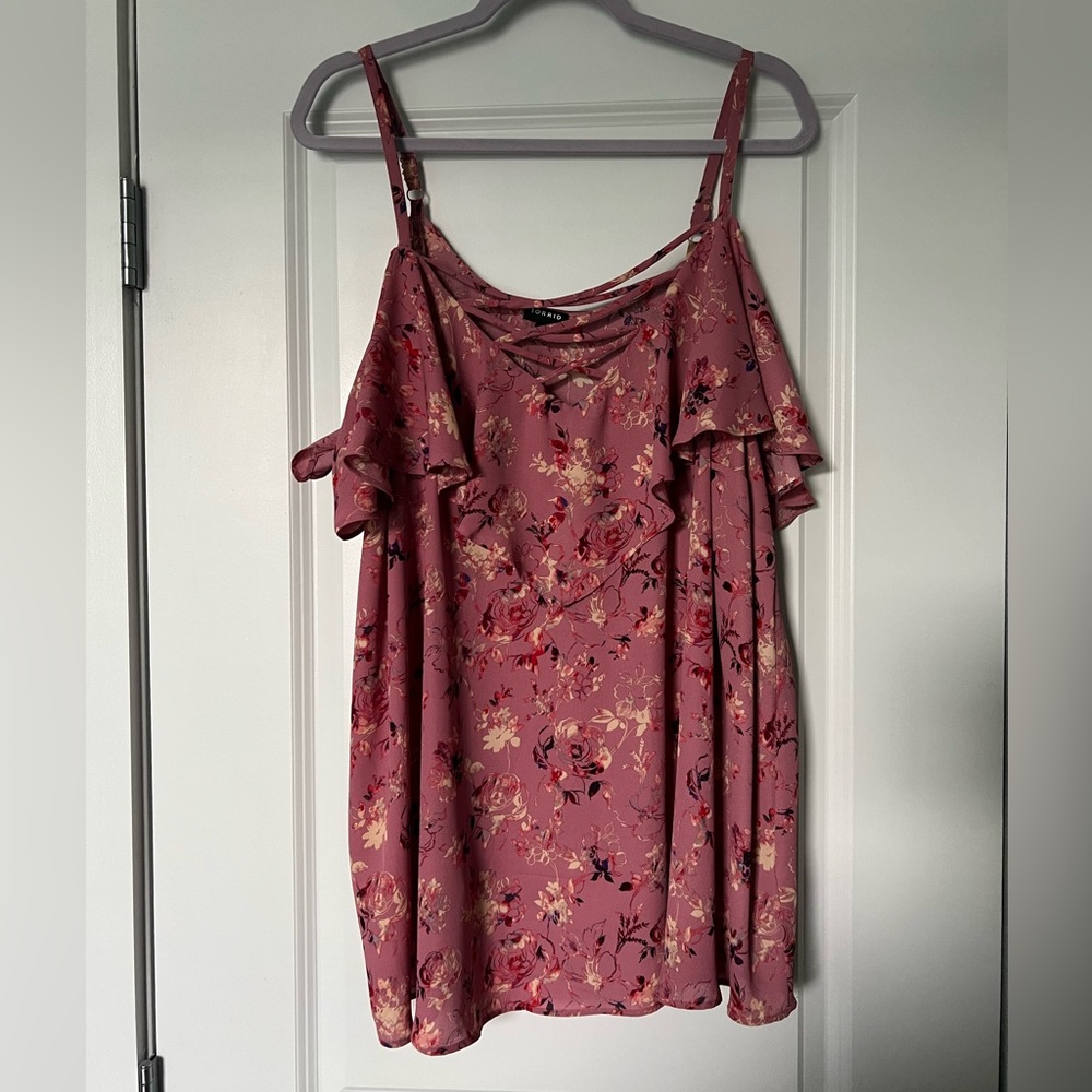 Torrid Pink Floral Cold-Shoulder Ruffle Tank - Picture 2 of 4